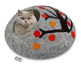 Cat Cave Multicolour Tree Design Handmade Eco Friendly Natural Felted 100% New Zealand Wool Warm and Cozy Beds for Cats and Kittens