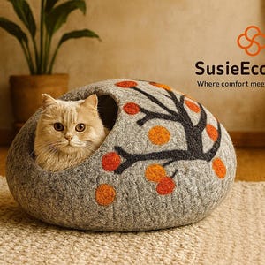 手作りフェルト製キャットケーブ 環境に優しいニュージーランド産ウール製ペットベッド 居心地の良い室内用キャットハウス マルチカラーツリーデザイン 猫と子猫用