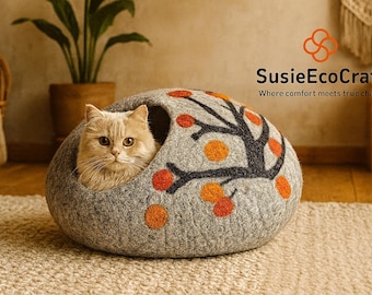 Handmade Felt Cat Cave Eco Friendly New Zealand Wool Pet Bed Cozy Indoor Cat House Multicolour Tree Design for Cats and Kittens