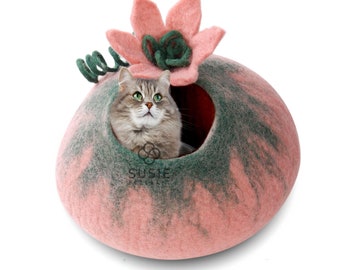 Cat Cave Bed House Pink Flower ~ Handmade Felted Eco-Friendly Natural Wool ~ Warm and Cozy Beds for Cats and Kittens ~ Bonus Felt Wool Ball