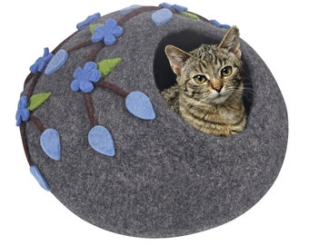 Cat Cave Bed~ Handmade Eco Friendly Natural Felted New Zealand Wool~ Warm and Cozy Beds for Cats and Kittens~ (Grey, Flower)