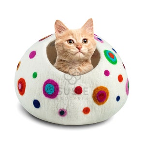 May include: A white felt cat bed with colourful polka dots. A ginger kitten is sitting inside the bed, looking up.