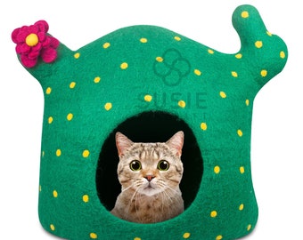 Cat Cave Bed Cactus Handmade Eco Friendly Natural Felted New Zealand Wool Warm and Cozy Beds for Cats and Kittens ~Bonus Wool Ball