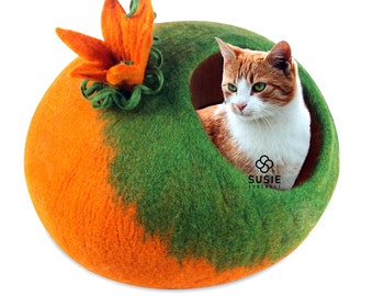 Cat Cave Bed Orange pumpkin~ Handmade Eco Friendly Natural Felted New Zealand Wool ~ Warm Cozy Beds for Cats and Kittens ~