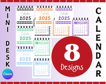 May include: Eight different designs for mini desk calendars featuring a gingham pattern in various colors. Each calendar has the year 2025 printed on it. The calendars are all in a grid layout with the word "Calendar" printed at the top.