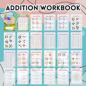 May include: A colourful addition workbook for children with various activities, including counting coins, fingers, sea animals, land animals, fruits, vehicles, snacks, and single-digit addition problems. The workbook also includes a line graph addition activity and an addition wheel.