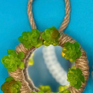 Pu&ograve; includere: Uno specchio circolare incorniciato con una spessa corda intrecciata color marrone chiaro. La cornice &egrave; decorata con diverse piccole piante succulente artificiali verde brillante disposte lungo il perimetro. Un cappio di corda abbinato &egrave; fissato in alto.