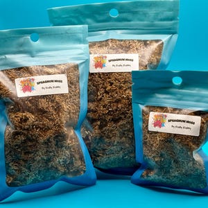 May include: Three clear plastic bags filled with brown sphagnum moss. Each bag has a blue top and a label that reads "SPHAGNUM MOSS By Krafty Krabby" with a colorful crab graphic. The bags are arranged against a bright blue background.