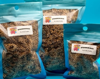 May include: Three clear plastic bags filled with brown sphagnum moss. Each bag has a blue top and a label that reads "SPHAGNUM MOSS By Krafty Krabby" with a colorful crab graphic. The bags are arranged against a bright blue background.
