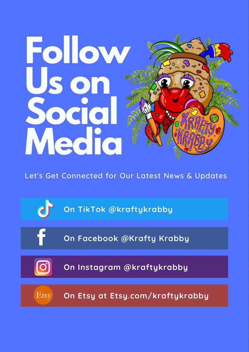 Pu&ograve; includere: Una grafica blu per i social media con un paguro dei cartoni animati che tiene in mano un pennello e una tavolozza con l'etichetta Krafty Krabby. Il testo recita Follow Us on Social Media, Let's Get Connected, con account per TikTok, Facebook, Instagram e Etsy.