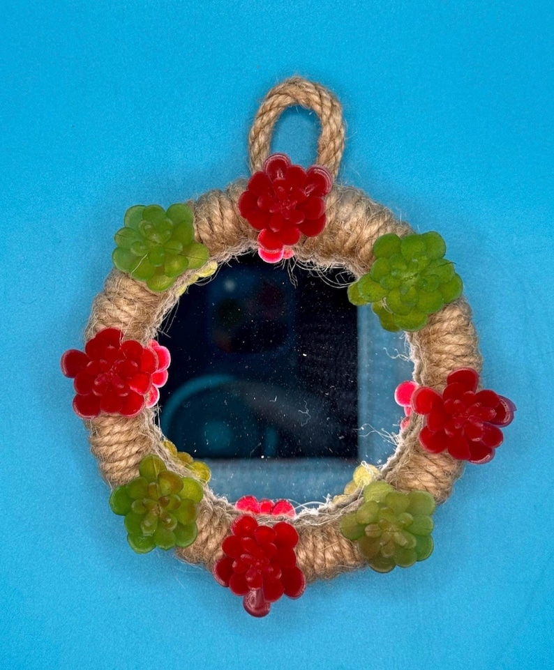 Pu&ograve; includere: Uno specchio circolare con cornice rivestita in corda di juta color marrone chiaro, dotato di un occhiello per appenderlo in alto. La cornice &egrave; decorata con ornamenti a forma di piante succulente rosse e verdi alternate lungo il bordo.