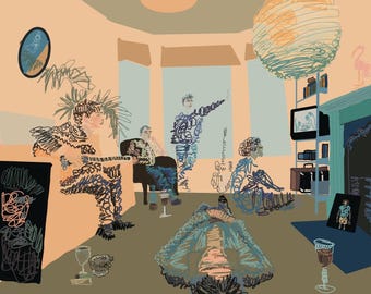 Könnte beinhalten: Abstrakte Illustration einer Wohnzimmerszene mit mehreren Figuren. Der Raum ist in gedämpften Tönen von Pfirsich, Blau und Braun gehalten. Eine Person spielt Gitarre, während andere sitzen oder stehen. Ein Fernseher und eine dekorative Lampe sind ebenfalls zu sehen.