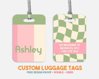 Personalized travel luggage tag checkered custom name girls trip bag tag with address kids name backpack tag groovy custom name luggage tag