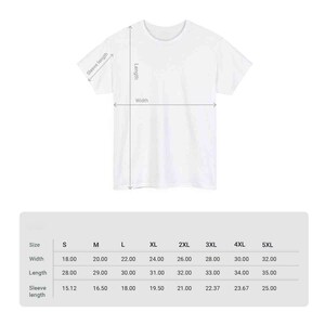 May include: A white t-shirt with measurements for width, length, and sleeve length. The size chart includes sizes S through 5XL, with width measurements ranging from 18.00 to 32.00 inches, length from 28.00 to 35.00 inches, and sleeve length from 15.12 to 25.00 inches.