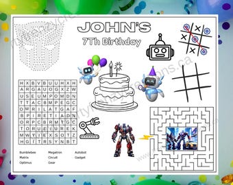 PlaceMat Coloring & Activity Sheet | Autobot / Robot Birthday | Customizable | Instant Download