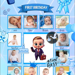 以下が含まれることがあります： マイクという名前の男の子の1歳の誕生日を祝う、青と白のフォトコラージュ。コラージュには、さまざまな年齢の赤ちゃんの12枚の写真と、「誕生日おめでとう」と書かれた青いリボン、青と白のケーキが飾られています。