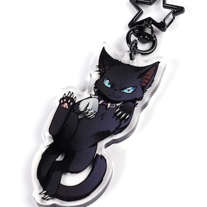 May include: Black cat keychain with blue eyes and a star-shaped charm. The cat is lying on its back with its paws in the air.