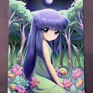 May include: A young girl with long purple hair sits in a field of flowers under a full moon. She is wearing a green dress and has a soft, dreamy expression on her face.