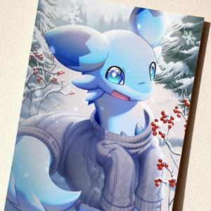 May include: A blue and white cartoon creature wearing a gray knitted sweater stands in a snowy winter scene. The creature has large blue eyes and a surprised expression. There are red berries on a branch in the background.