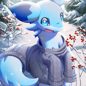 May include: A blue and white furry creature wearing a gray knitted sweater stands in a snowy forest. The creature has large blue eyes and a surprised expression. The background features snow-covered trees and red berries.