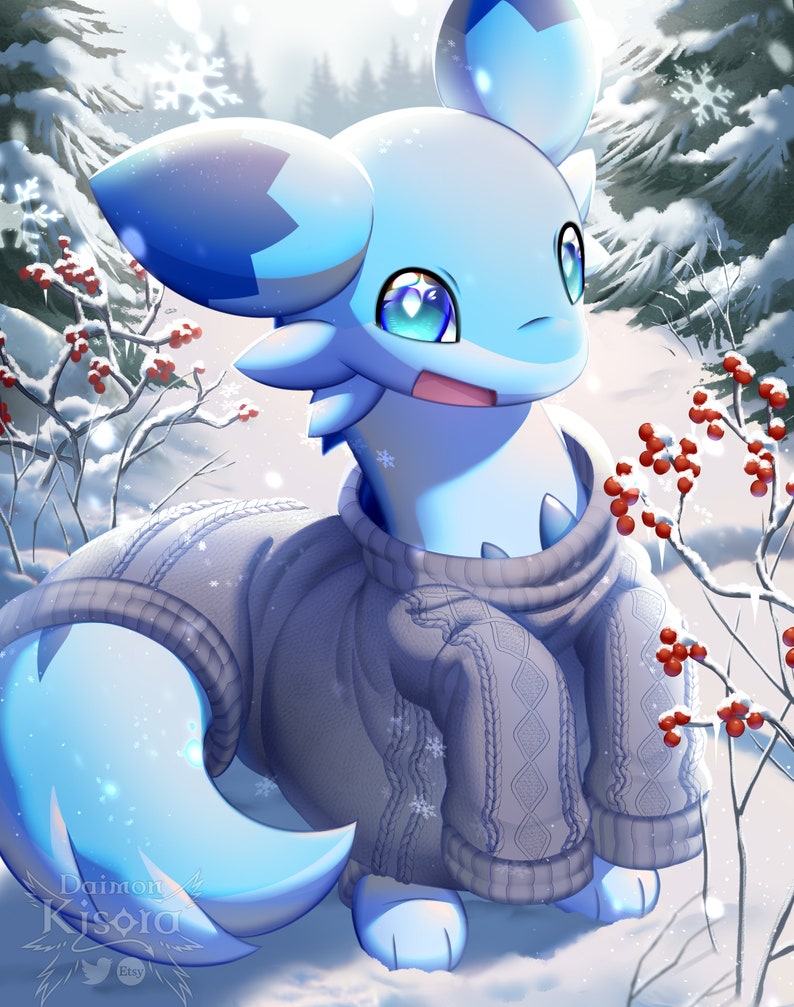 May include: A blue and white furry creature wearing a gray knitted sweater stands in a snowy forest. The creature has large blue eyes and a surprised expression. The background features snow-covered trees and red berries.