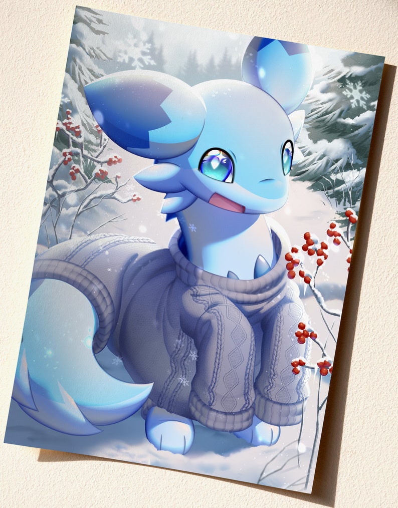 May include: A blue and white cartoon creature wearing a gray knitted sweater stands in a snowy winter scene. The creature has large blue eyes and a surprised expression. There are red berries on a branch in the background.