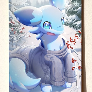 May include: A blue and white furry creature wearing a gray knitted sweater stands in a snowy forest. The creature has large blue eyes and a surprised expression. The background features snow-covered trees and red berries.