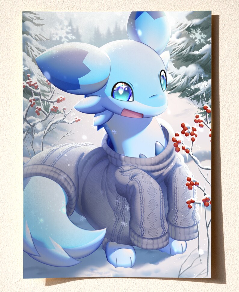 May include: A blue and white furry creature wearing a gray knitted sweater stands in a snowy forest. The creature has large blue eyes and a surprised expression. The background features snow-covered trees and red berries.