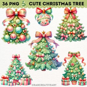 May include: Set of six digital illustrations of cute Christmas trees with various ornaments, bows, and decorations. The trees are in different styles, including a traditional green tree, a pink and green tree, and a blue and green tree. The illustrations are perfect for adding a festive touch to your holiday projects.