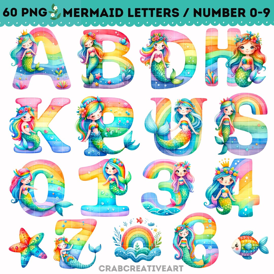Mermaid Alphabet Clipart Mermaid PNG Rainbow Mermaid Clipart