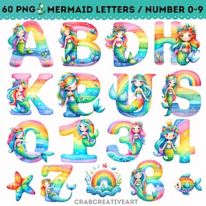 Alfabeto de sirena Clipart - Sirena PNG - Sirena arcoiris Clipart - Escamas de sirena - Clipart de cumpleaños de niña - Animal bajo el mar PNG