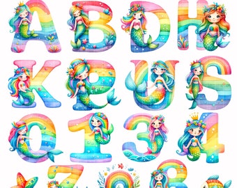 Meerjungfrau Alphabet Clipart - Meerjungfrau PNG - Regenbogen Meerjungfrau Clipart - Meerjungfrau Schuppen - Mädchen Geburtstag Clipart - Tier unter dem Meer PNG
