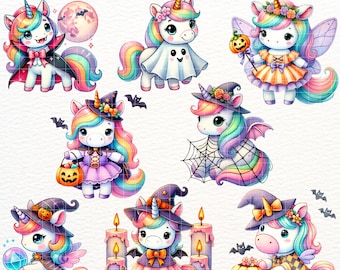 Könnte beinhalten: Zwölf digitale Illustrationen eines Einhorns, das in verschiedenen Halloween-Kostümen gekleidet ist. Das Einhorn trägt einen Hexenhut, ein Vampir-Kostüm, ein Geisterkostüm, ein Feen-Kostüm, ein Spinnennetz-Kostüm und eine Vielzahl anderer Kostüme. Die Illustrationen sind im Cartoon-Stil gehalten und eignen sich perfekt für die Verwendung in Halloween-Bastelarbeiten, Dekorationen und Partyzubehör.