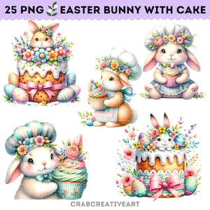 Clipart de coelho de Páscoa fofo, decorações em aquarela com cupcake de bolo, arte de berçário de primavera, arquivos PNG de cartão de felicitações para artesanato e decoração