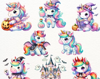 Watercolor Halloween Unicorn PNG - Halloween Unicorn Clipart - Unicorn Halloween Party Invitation - Baby Unicorn Graphic - Unicorn Stickers