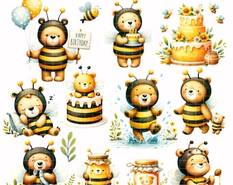 Teddy Bear Baby Shower Birthday Nursery, Bear-Bee Birthday Clipart for Invitations and Nursery Decor, Honey Bees Watercolor PNG, Bear PNGG