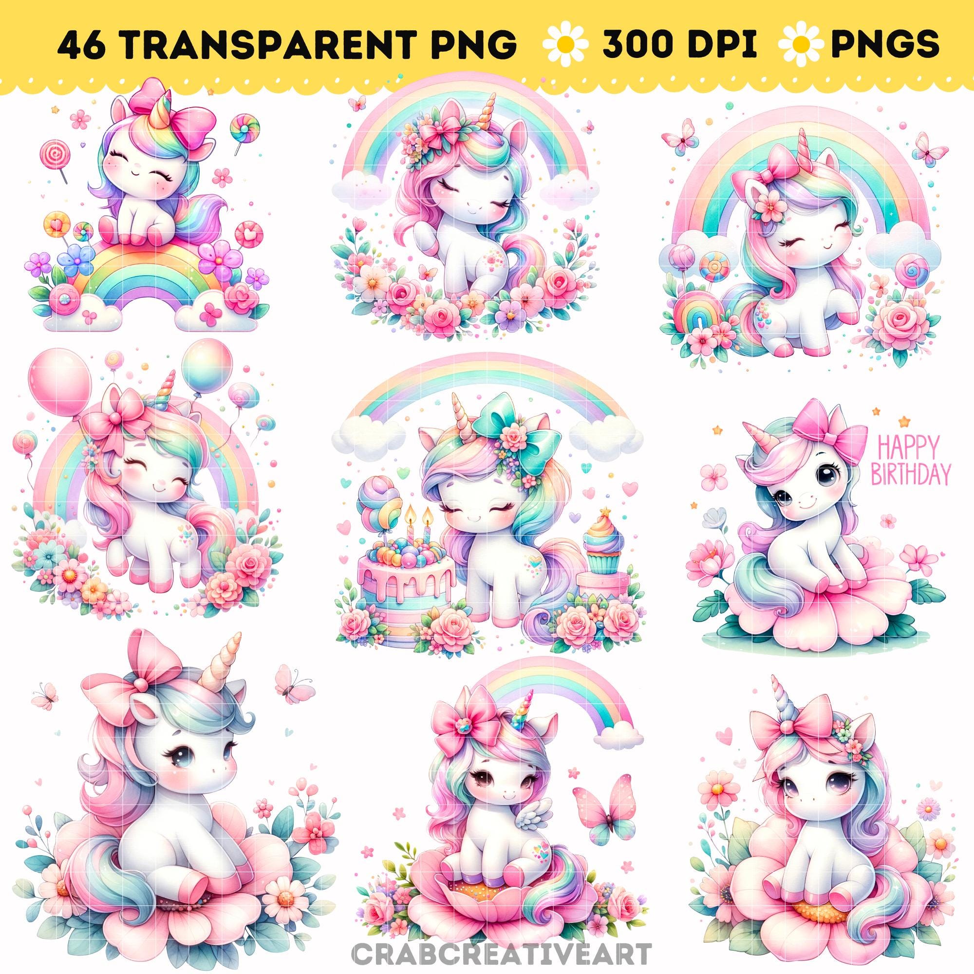 Floral Rainbow Unicorn Clipart - Pastel Baby Unicorns - Watercolor Baby ...