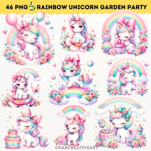 Clipart de unicórnio arco-íris floral - Unicórnios bebês em tons pastéis - Unicórnio bebê em aquarela para convites de aniversário infantil - Convites para chá de bebê PNG