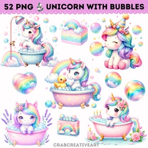 Clipart unicorno arcobaleno con bolle, PNG unicorno arcobaleno, Clip art festa di compleanno unicorno, Grafica unicorno acquerello, Illustrazione unicorno