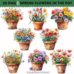 Fleurs de printemps dans le pot Clipart, Illustration de pot de fleur de printemps, aquarelle jardin plantes en pot, Floral PNG, Pot en terre cuite PNG