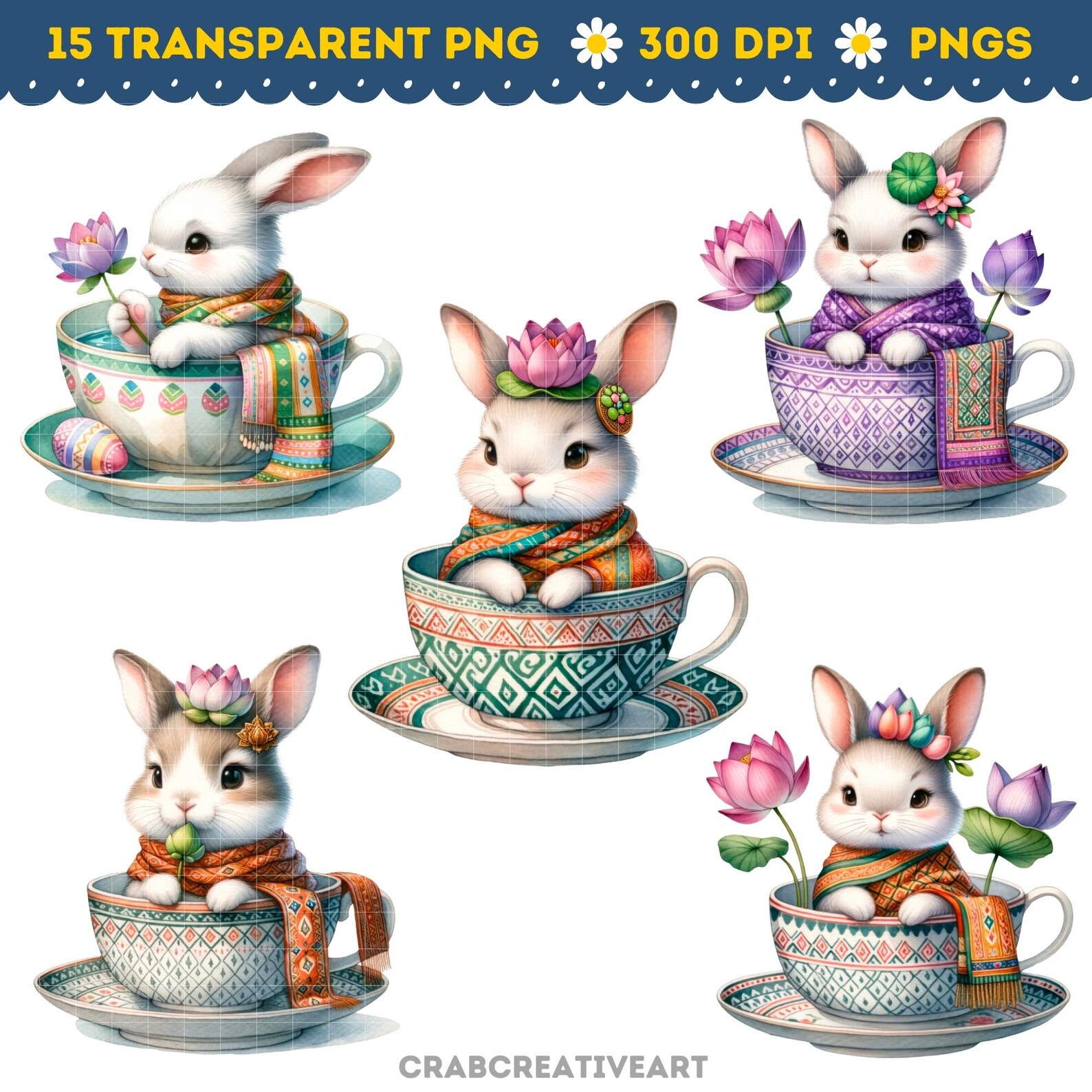 Watercolor Teacup Bunnies Clipart - Traditional Scarf & Lotus ...
