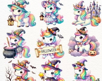 Halloween Unicorn PNG - Watercolor Halloween Unicorn Clipart - Unicorn Halloween Party Invitation - Baby Unicorn Clipart PNG for Sublimation