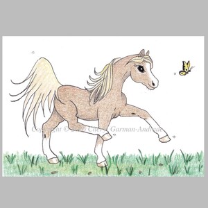 ACEO Open Edition Print: Whimsical Prancing Flaxen Chestnut Horse Illustration by Cheryl Andrade