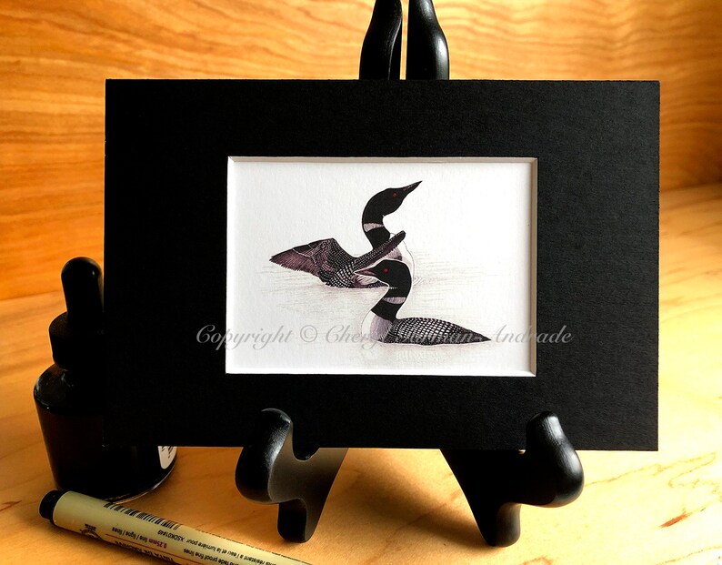 ACEO Common Loon Pair Pen and Ink Stippling Print.