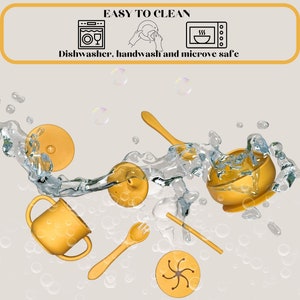 May include: A set of yellow silicone baby feeding utensils, including a bowl, a cup, a spoon, a fork, and a suction plate. The utensils are floating in water, suggesting they are easy to clean. The text "Easy to Clean" and "Dishwasher, handwash and microwave safe" is displayed above the utensils.