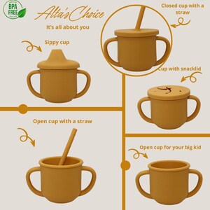 May include: Four silicone cups with different lids and handles. The cups are a light brown color. The text "Alta's Choice" is at the top of the image. The text "It's all about you" is below the title. The text "Sippy cup" is above the first cup. The text "Closed cup with a straw" is above the second cup. The text "Open cup with a straw" is above the third cup. The text "Open cup for your big kid" is above the fourth cup.
