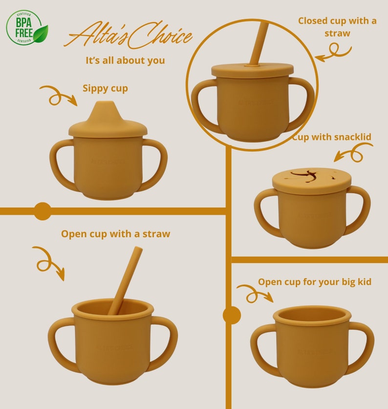 May include: Four silicone cups with different lids and handles. The cups are a light brown color. The text "Alta's Choice" is at the top of the image. The text "It's all about you" is below the title. The text "Sippy cup" is above the first cup. The text "Closed cup with a straw" is above the second cup. The text "Open cup with a straw" is above the third cup. The text "Open cup for your big kid" is above the fourth cup.