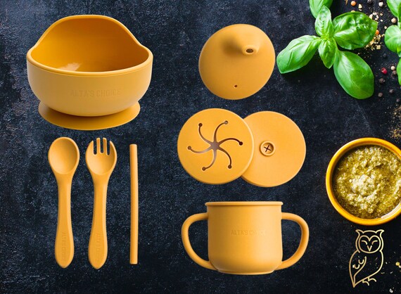 Silicone Baby and Toddler Feeding Set. BPA free. Suction bowl, spoon and fork, sippy cup, snack and straw lid.