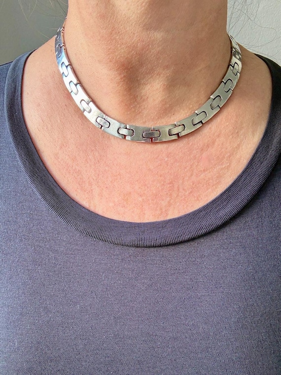 Weighty Solid Silver Geometric Flat Link Collar N… - image 1