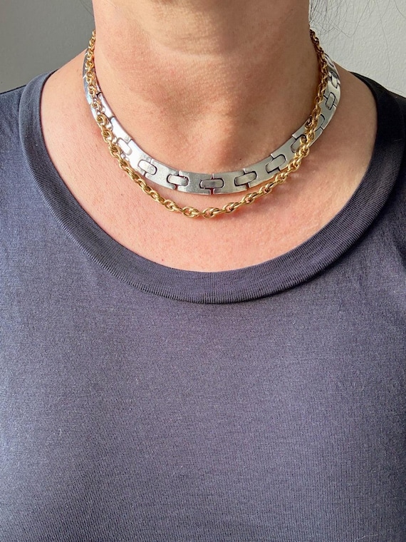 Weighty Solid Silver Geometric Flat Link Collar N… - image 6